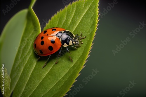  a lady bug sitting on top of a green leaf on a plant stem with a black background and a green leaf with a black spot on the top of the top of the lady bug. Generative AI