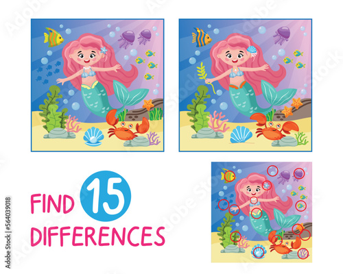 Mini game for children. Find 15 differences in underwater world, cartoon style