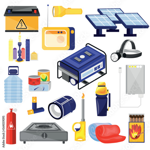 Set of items for survival on white background. Winter 2022-2023