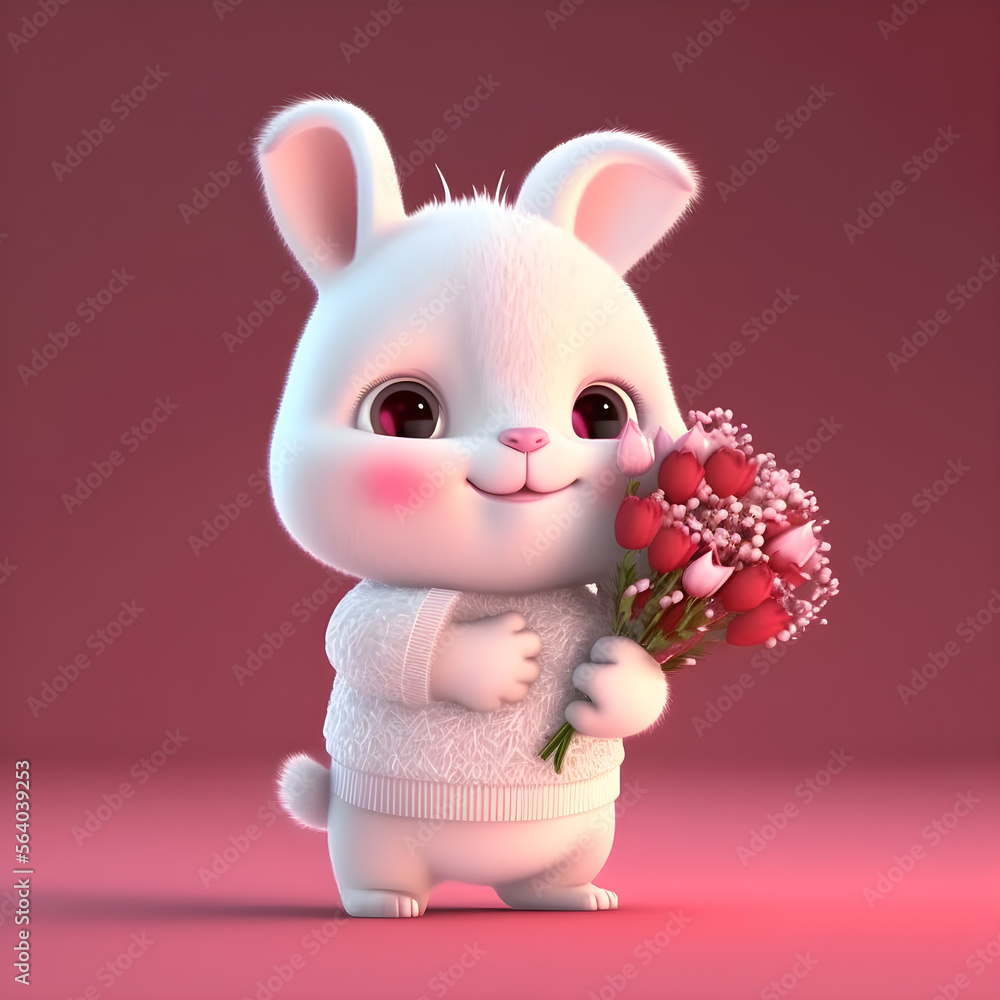 Cute rabbit with a bouquet of flowers created with Generative AI technology Cute rabbit with a bouquet of flowers created with Generative AI technology