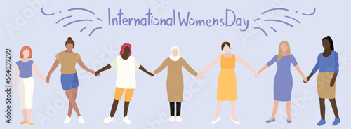Group of different women and text INTERNATIONAL WOMEN'S DAY on light background