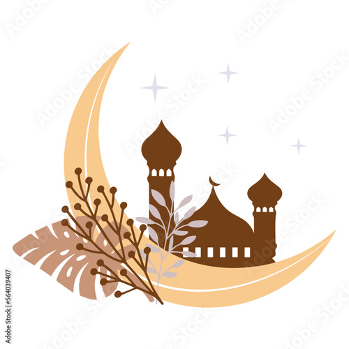 Drawn crescent with mosque on white background. Concept of Ramadan celebration