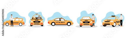 Vászonkép Set of taxi car with driver on white background