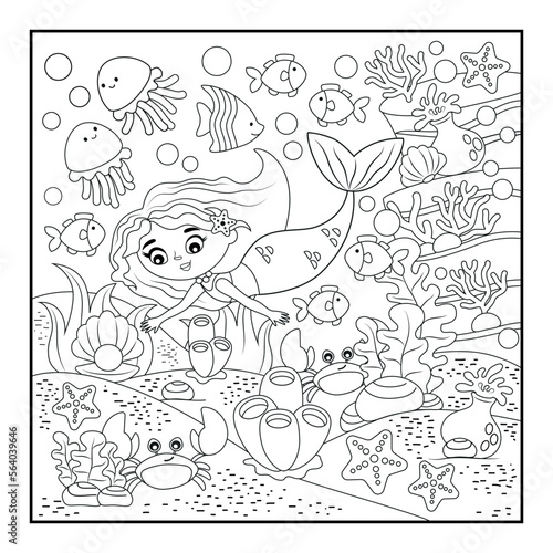Mini game  marine series. Coloring book for children. Cute mermaid cartoon style