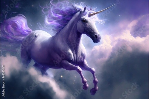  a unicorn is flying through the sky with a long horn on its head and tail  with clouds and stars in the background  and a purple hued  with a purple hue . Generative AI