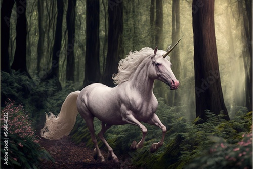  a white unicorn running through a forest with trees and flowers on the ground and a trail leading to it s head and tail  with a long mane  with a white. Generative AI