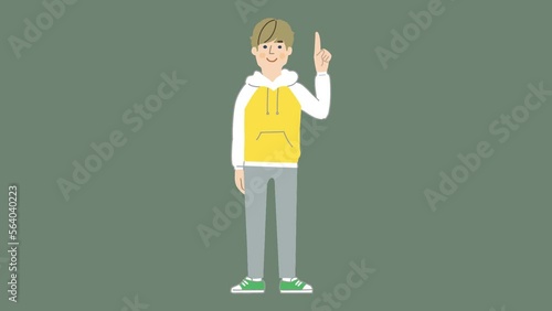 指差しポーズで説明する若い男性