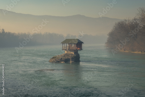 Lonely house on Drina river in Serbia