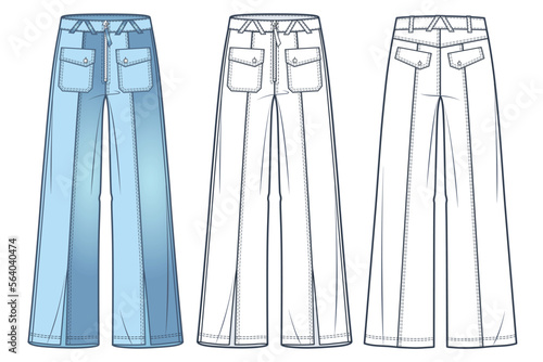Unisex Jeans Pants technical fashion illustration, fashion concept. Wide Jeans fashion technical drawing template, medium waist, front slit, front, back view, white, women, men, unisex CAD mockup set.