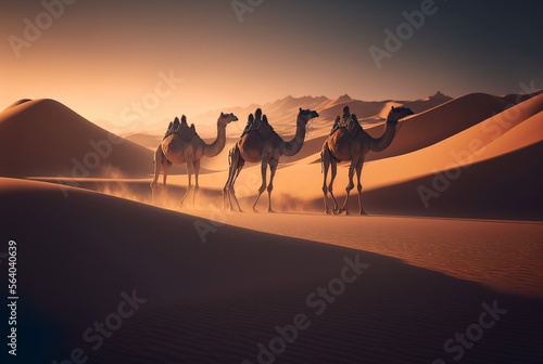 Camel caravan in desert at sunset. Generative AI