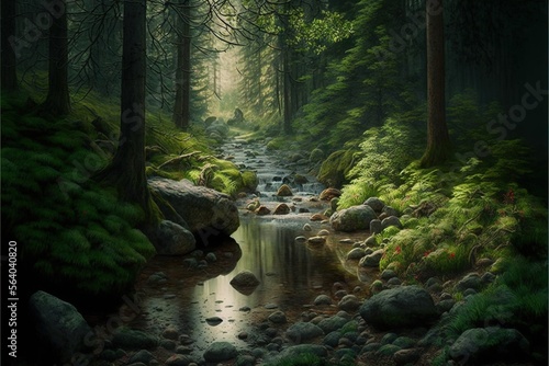  a painting of a stream in a forest with rocks and trees in the background and a stream running through the woods with rocks and trees in the foreground  and a stream running through. Generative AI