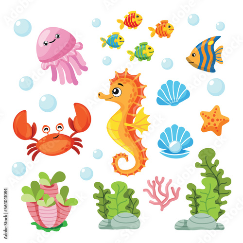 Set of icons with sea animals in cartoon style. Illustration of children's books