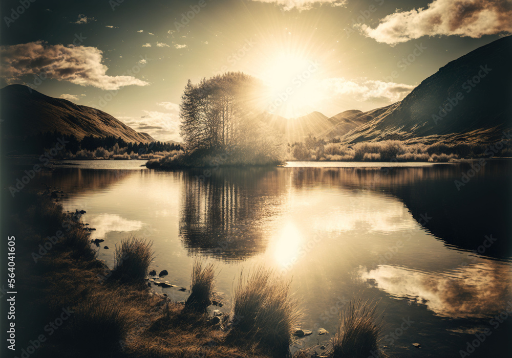  a lake with a tree in the middle of it and a sun shining over the mountains behind it and a few clouds in the sky above it and below it, with a sunbeam. Generative AI