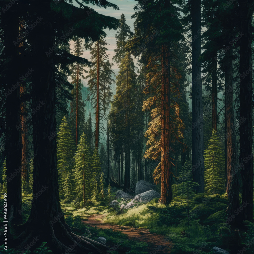 A path going through a green pine forest. Created with Generative AI. A path going through a green pine forest. Created with Generative AI.
