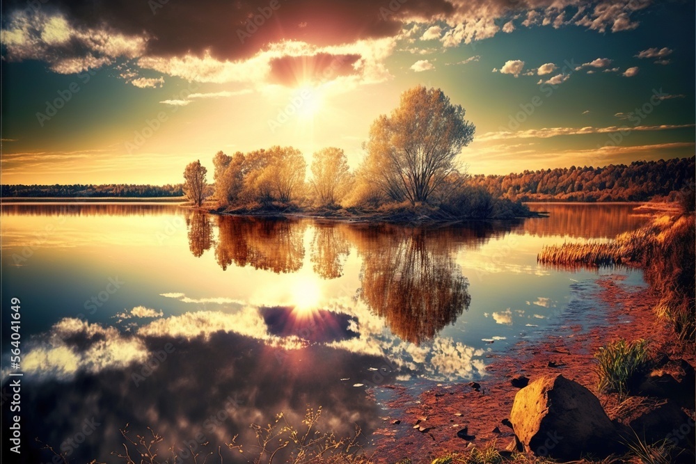 a lake with a sunset in the background and clouds in the sky above it and a few trees in the foreground and a few clouds in the background, with a few clouds,. Generative AI a lake with a sunset in the background and clouds in the sky above it and a few trees in the foreground and a few clouds in the background, with a few clouds,. Generative AI