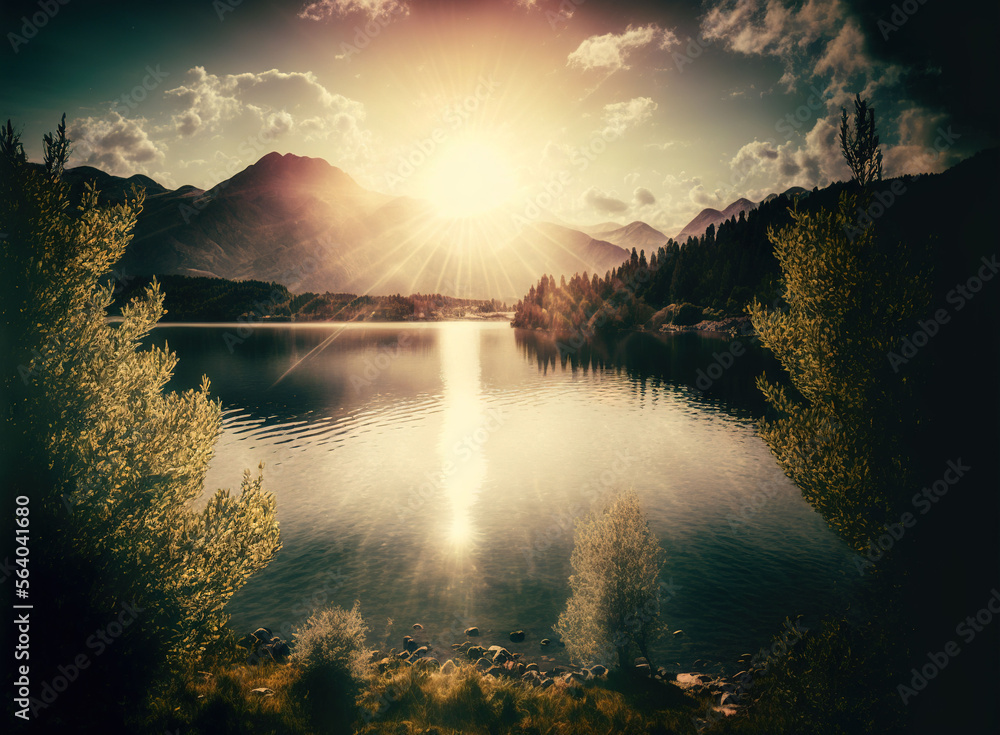 a lake surrounded by mountains and trees under a cloudy sky with the ...