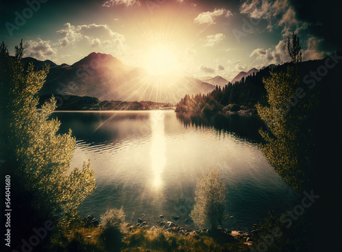  a lake surrounded by mountains and trees under a cloudy sky with the sun shining through the clouds above it and a sunbeam in the middle of the water with a few clouds above the water. Generative AI