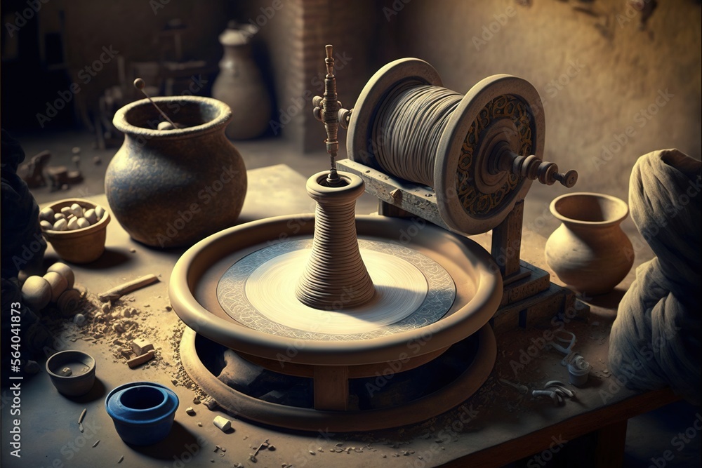 a spinning wheel and some pottery on a table with a vase and other items around it on a table top with a few other items on it and a table with a few other items. Generative AI a spinning wheel and some pottery on a table with a vase and other items around it on a table top with a few other items on it and a table with a few other items. Generative AI