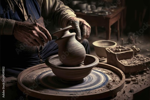  a man is making a vase on a wheel in a pottery shop with other pottery items around him and a pottery wheel in the foreground with a potter's hands on the wheel. Generative AI