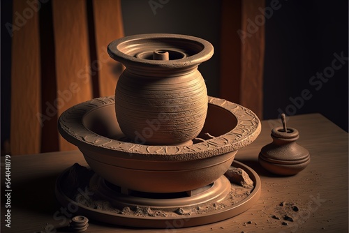  a clay pot sitting on top of a wooden table next to a vase and a small container on a stand with a lid on it and a wooden table with a curtain behind. Generative AI