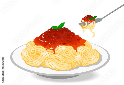 Plate of spaghetti or egg pasta tagliatelle with bolognese sauce made from meat and tomato sauce, parmesan cheese, pasta at fork. Classic italian pasta dish, vector illustration.
