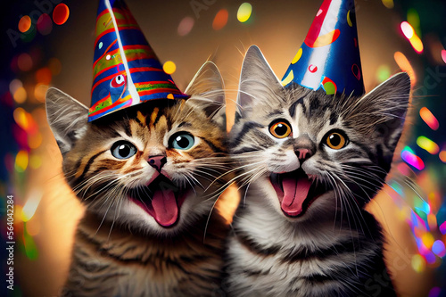 Obraz 2 fröhliche Katzen / Katzenwelpen mit Partyhüten. Generative Ai.