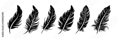 Vector Different Black Fluffy Feather Silhouette Icon Set Closeup Isolated on White Background. Design Template of Flamingo, Angel, Bird Feathers for Wall Paper, Textile. Lightness, Freedom Concept