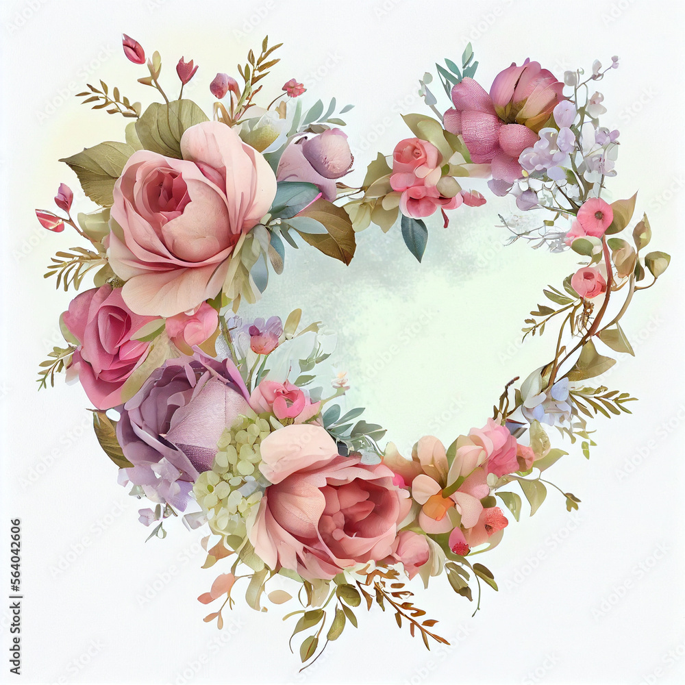 Watercolor painting art. Generative Ai illustration heart frame of roses