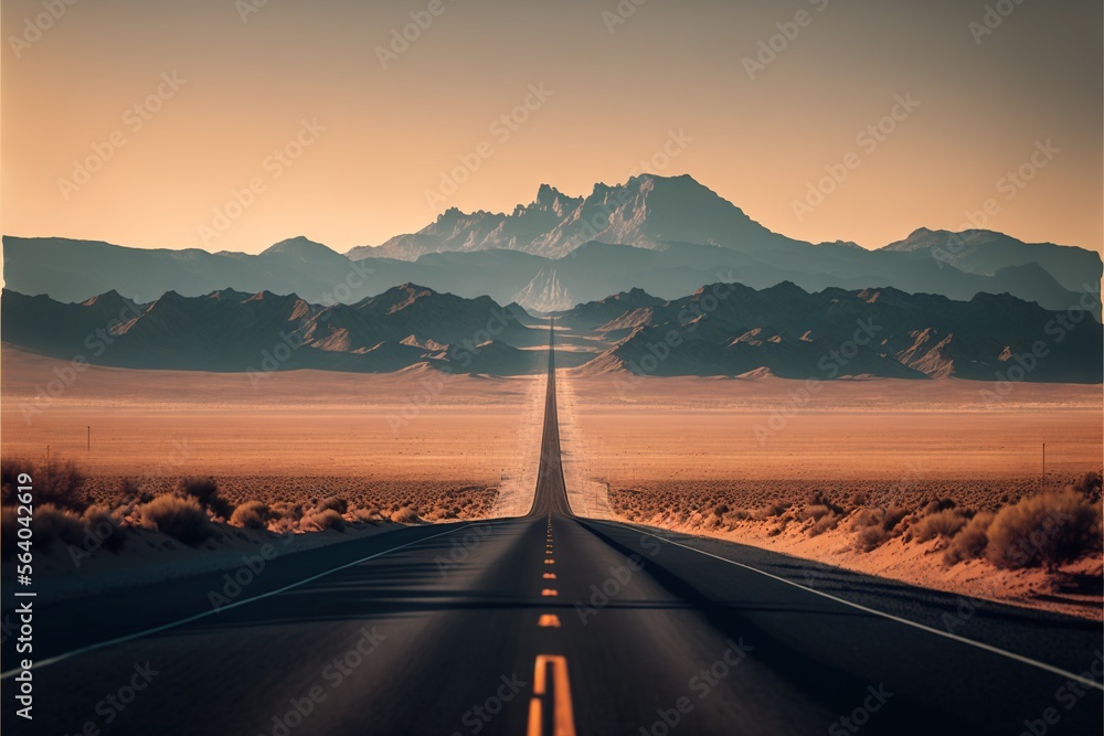  a long road with mountains in the background and a sky filled with clouds in the distance with a sunbeam in the middle of middle of the road and a distant horizon with distant mountain. Generative AI