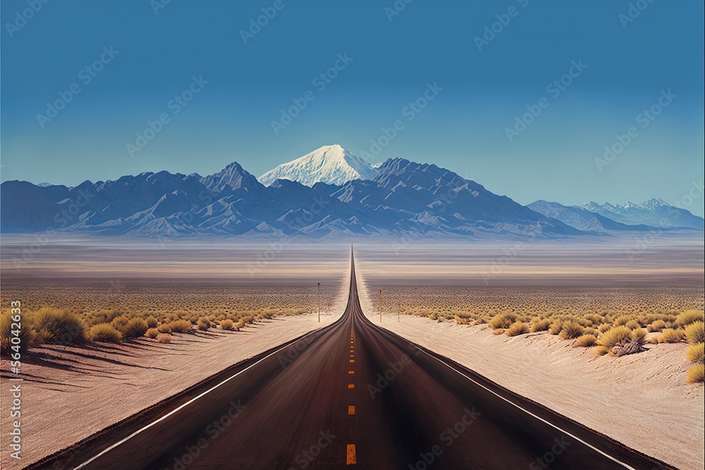  a long road stretches into the distance with a mountain in the background and a blue sky in the foreground with a few clouds in the distance, and a few yellow bushes and a few. Generative AI