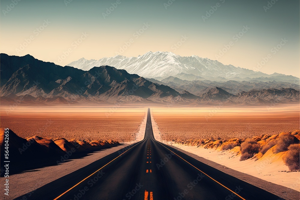  a long road stretches into the distance with mountains in the background and a sky filled with clouds in the distance, with a mountain range in the distance, with a few clouds. Generative AI