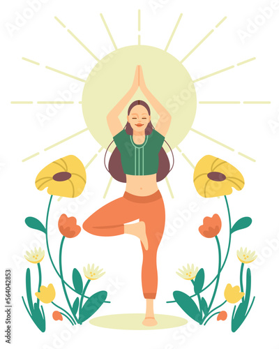 Woman in yoga tree pose. Asana. Sun salutation. Meditation. Flower garden. Sporty girl with long hair. Isolated on white. Vector eps.