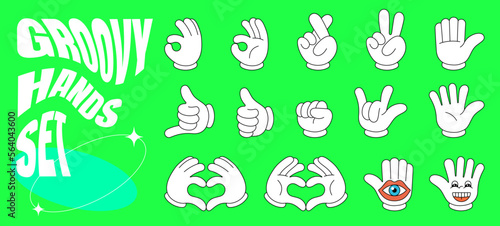 Retro groovy style hands set. Psychedelic hippie hand collection. Vintage hippy various palm sticker pack. Showing gestures victory, shaka, ok, rock and love. Abstract trendy y2k vector illustration