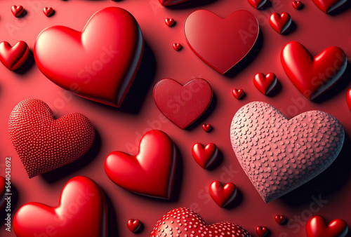 Valentine's Day background. Three dimentional hearts on red surface. AI generated illustration. photo