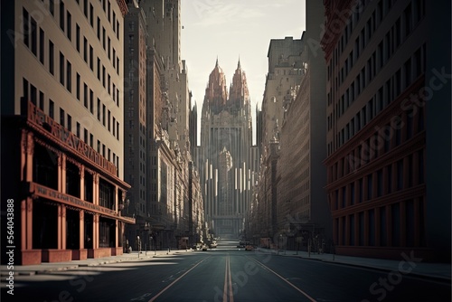  a city street with tall buildings and a cathedral in the background, with a car driving down the street in the foreground, and a few cars on the right side of the street. Generative AI