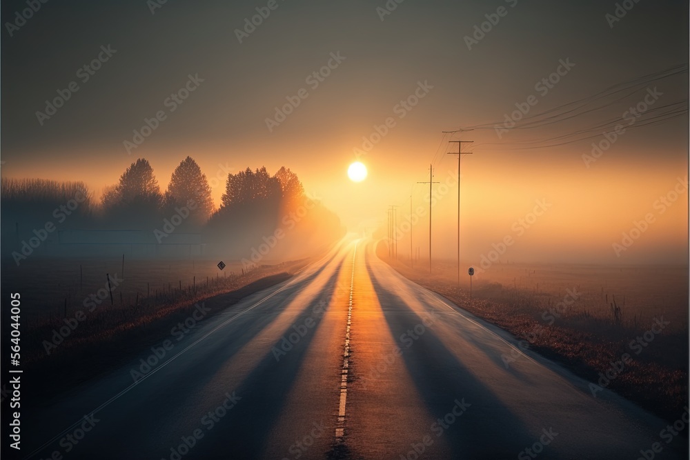 a long road with a sun setting in the distance and fog on the ground and trees on the side of the road, with a line of telephone poles and telephone poles in the distance. Generative AI a long road with a sun setting in the distance and fog on the ground and trees on the side of the road, with a line of telephone poles and telephone poles in the distance. Generative AI