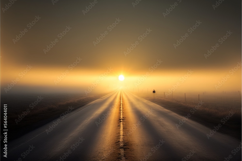  a road with a sun setting in the distance and fog on the ground and a person standing on the side of the road in the distance, with a foggy sky and fog on the ground. Generative AI