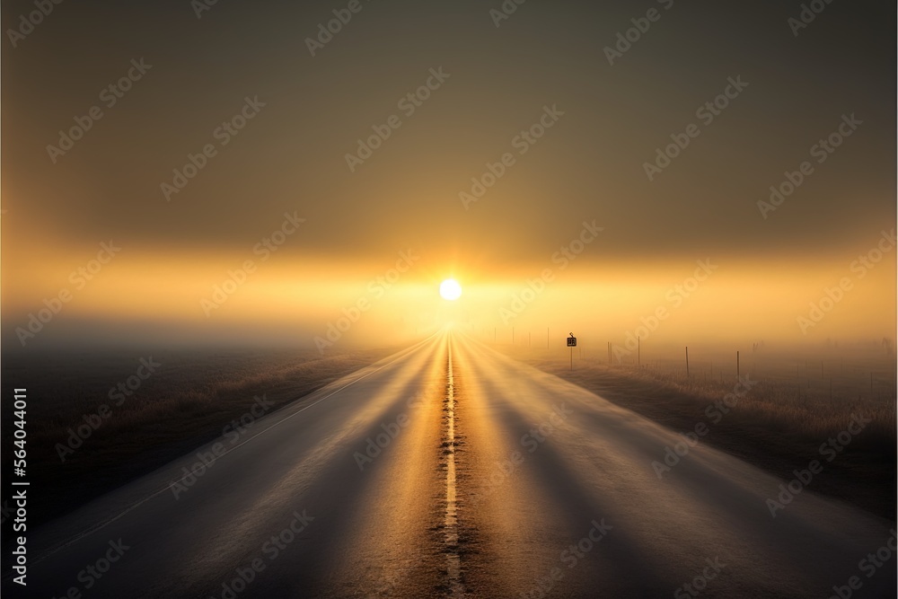 a road with a sun setting in the distance and fog on the ground and a person standing on the side of the road in the distance, with a foggy sky and fog on the ground. Generative AI a road with a sun setting in the distance and fog on the ground and a person standing on the side of the road in the distance, with a foggy sky and fog on the ground. Generative AI