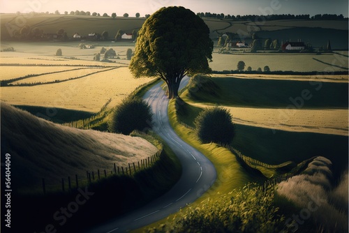  a painting of a country road with a tree on the side of it and a farm in the background with a sunset in the distance, and a road winding, with a tree. Generative AI photo