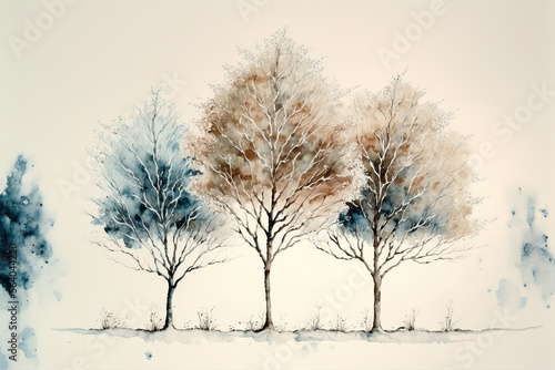 Three trees in a row on a winters day watercolor  Generative AI