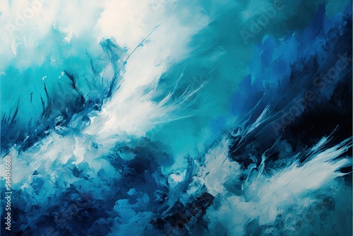  a painting of a blue and white wave with white clouds in the background and a black and white background with a blue sky and white cloud in the middle of the bottom right corner. Generative AI 