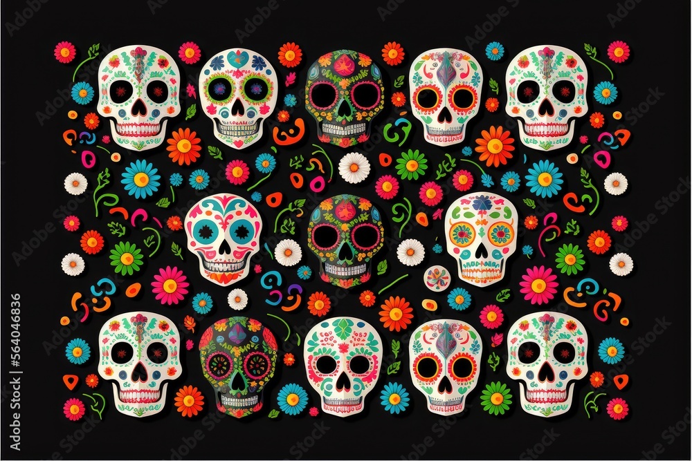 Day of the Dead skulls pattern. Day of the dead and mexican Halloween texture. Mexican tradition festival. Day of the dead sugar skull isolated. Dia de los Muertos tattoo. Generative AI