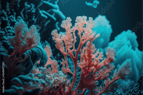  a coral reef with corals and other corals in the water and a blue background with a black border around it and a blue sky with a few clouds and a few small white dots. Generative AI 