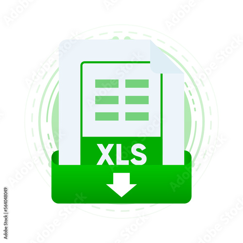 Download XLS file with label on laptop screen. Downloading document concept. View, read, download XLS file on laptops and mobile devices. Vector illustration.