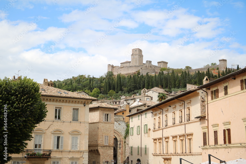 View from old town Assisi to Rocca Maggiore, Umbria Italy