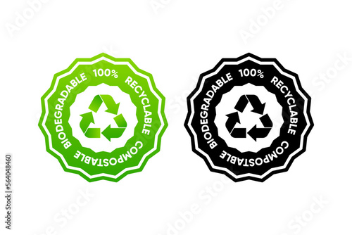 100 percent Recyclable Compostable Biodegradable. Recycle Reuse Reduce Icon. Package label for eco packet. Vector illustration.