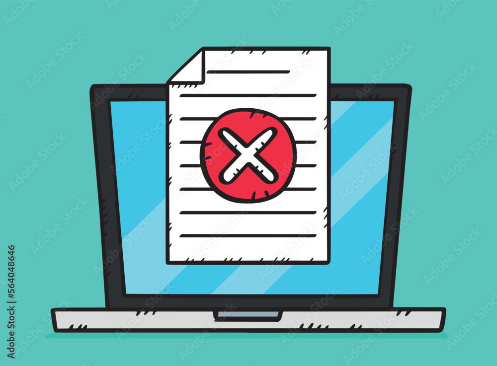 Document with x sign on laptop screen. Document of failing from school, medical document, work, icon. Bad information. Sketch graphic. Doodle vector. Document with x sign on laptop screen. Document of failing from school, medical document, work, icon. Bad information. Sketch graphic. Doodle vector.
