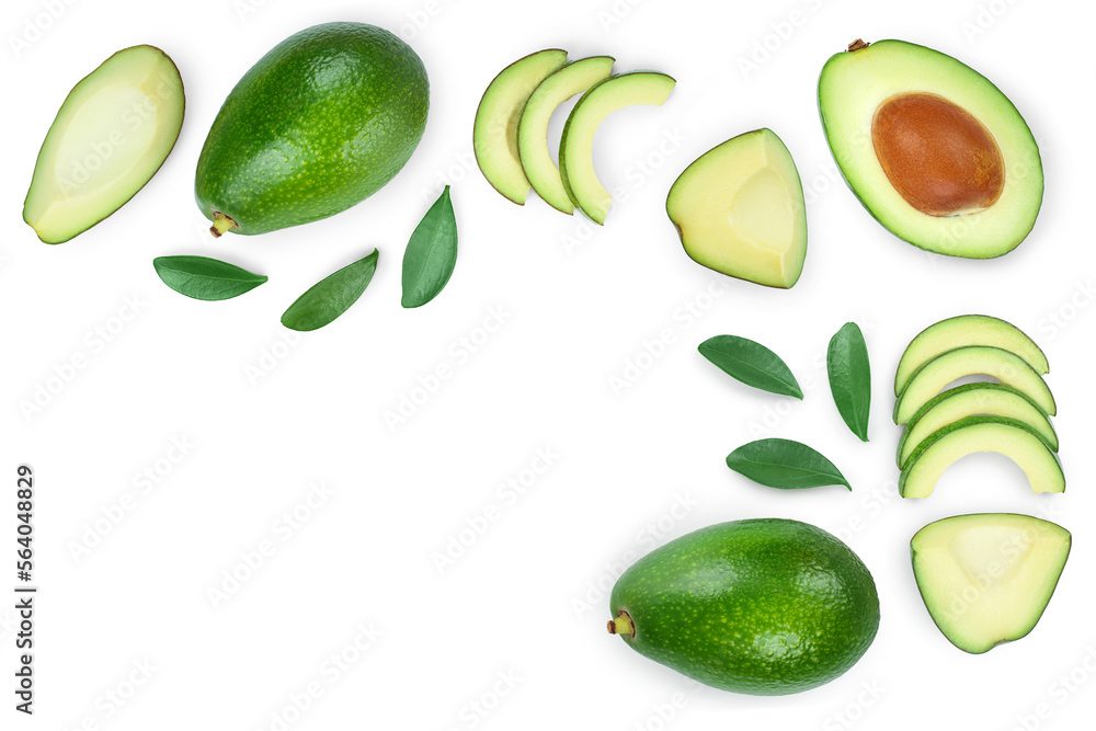 avocado and slices decorated with green leaves isolated on white background with copy space for your text. Top view. Flat lay avocado and slices decorated with green leaves isolated on white background with copy space for your text. Top view. Flat lay