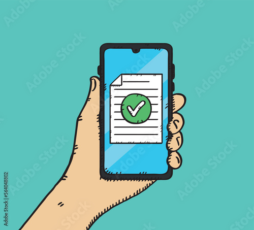 hand holding mobile phone with approval mark on document. Acceptance document for school, medical document, work, icon. Sketch graphic. Doodle vector.