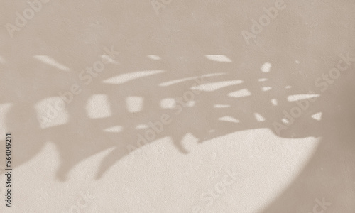 Palm leaves shadow on beige background. Summer architecture aesthetic. Modern tropical mockup design. Sunlight blank scene on concrete wall. Brown cream grunge cement texture